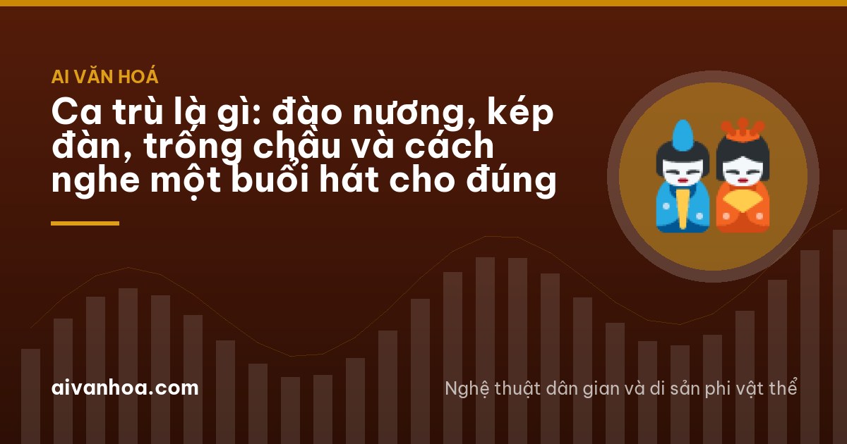 Small dim wooden hall in Ha Noi, a seated woman holding wooden clappers beside a man plucking a long-necked lute, seen from behind and at a distance, warm lamplight